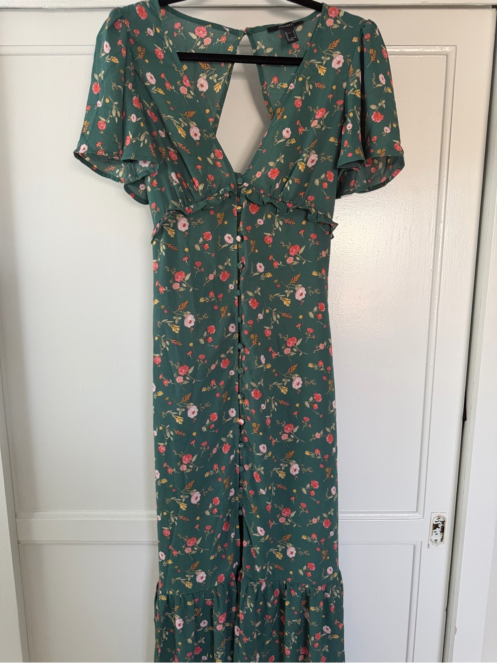 Green Floral Maxi Dress with Button Front